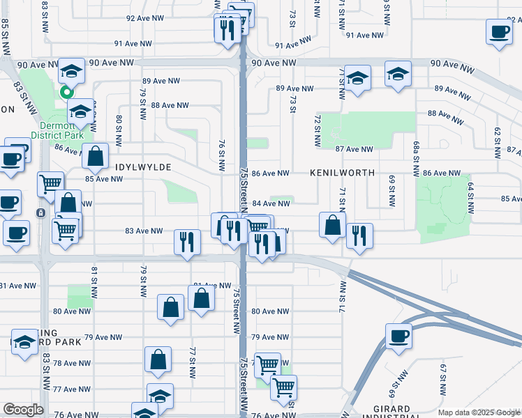 map of restaurants, bars, coffee shops, grocery stores, and more near 7411 84 Avenue Northwest in Edmonton
