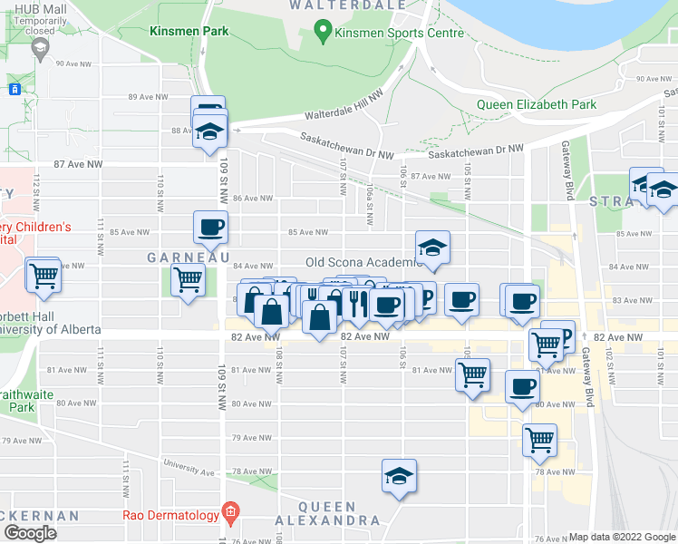 map of restaurants, bars, coffee shops, grocery stores, and more near 10703 84 Avenue Northwest in Edmonton