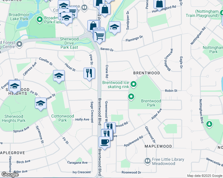 map of restaurants, bars, coffee shops, grocery stores, and more near 14 Lark Street in Sherwood Park