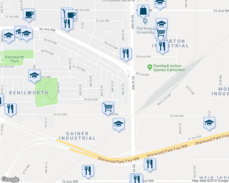 map of restaurants, bars, coffee shops, grocery stores, and more near 8419 54 Street Northwest in Edmonton