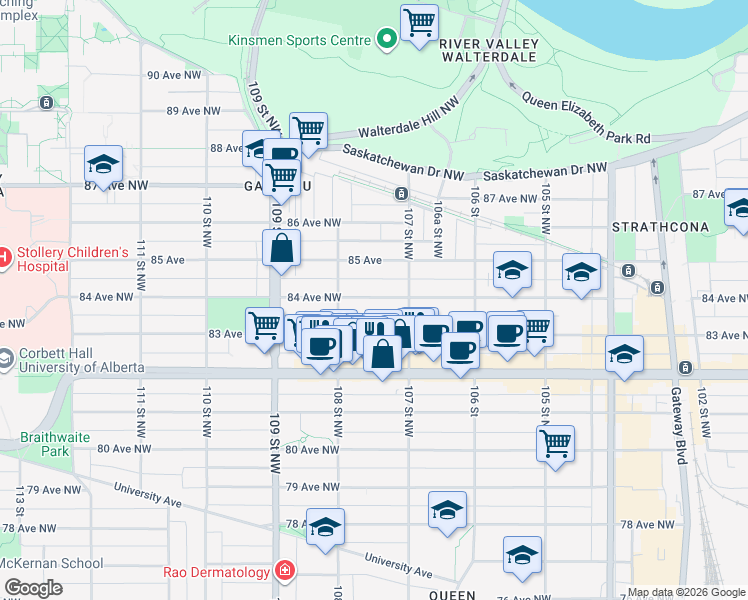 map of restaurants, bars, coffee shops, grocery stores, and more near in Edmonton