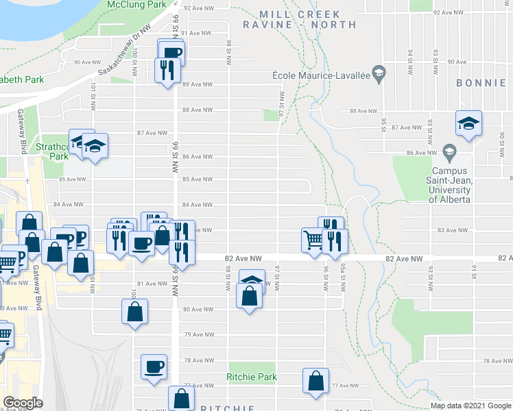 map of restaurants, bars, coffee shops, grocery stores, and more near 9721 84 Avenue Northwest in Edmonton