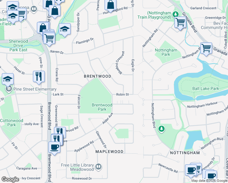 map of restaurants, bars, coffee shops, grocery stores, and more near 1 Robin Street in Sherwood Park