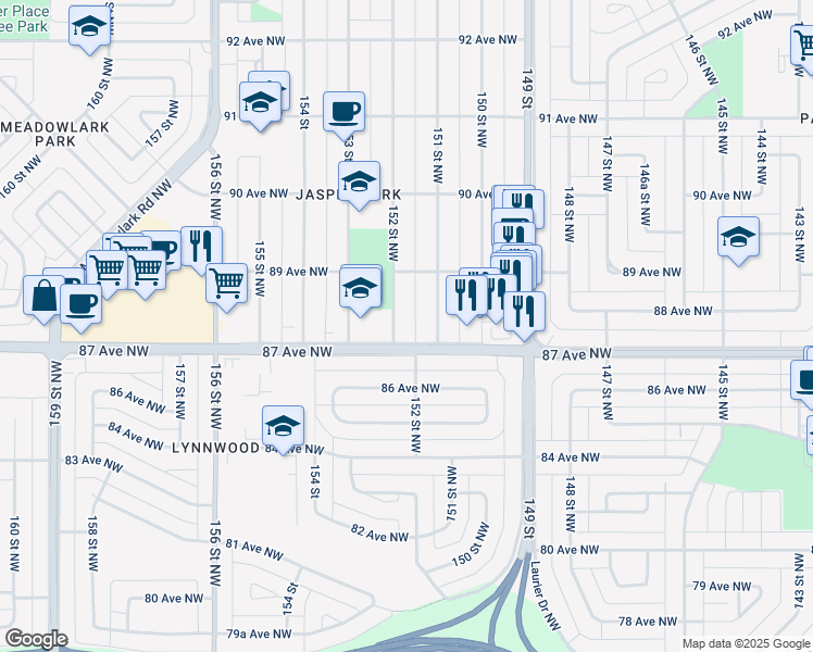 map of restaurants, bars, coffee shops, grocery stores, and more near 8705 152 Street Northwest in Edmonton