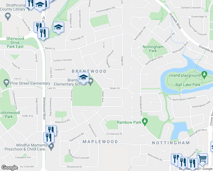 map of restaurants, bars, coffee shops, grocery stores, and more near 1 Robin Street in Sherwood Park