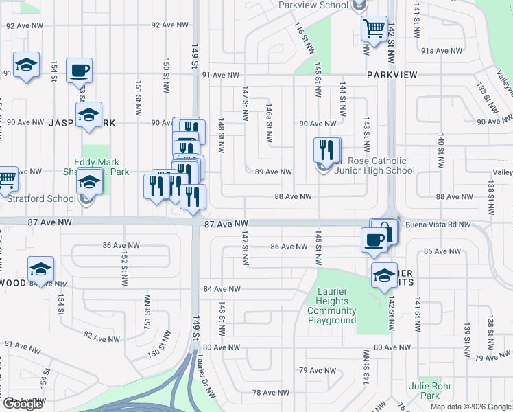 map of restaurants, bars, coffee shops, grocery stores, and more near 14639 88 Avenue Northwest in Edmonton