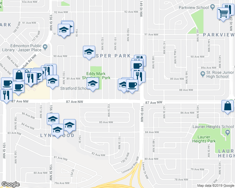map of restaurants, bars, coffee shops, grocery stores, and more near 8711 151 Street Northwest in Edmonton