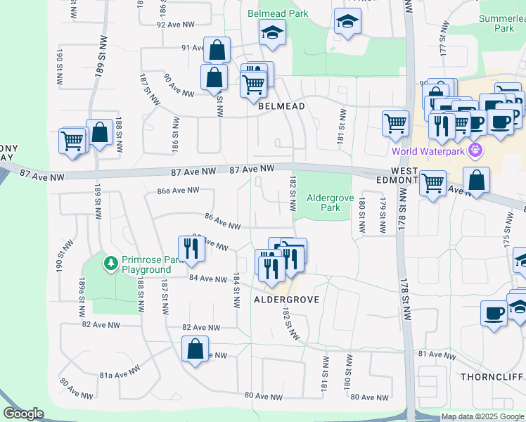 map of restaurants, bars, coffee shops, grocery stores, and more near 18316 86 Avenue Northwest in Edmonton