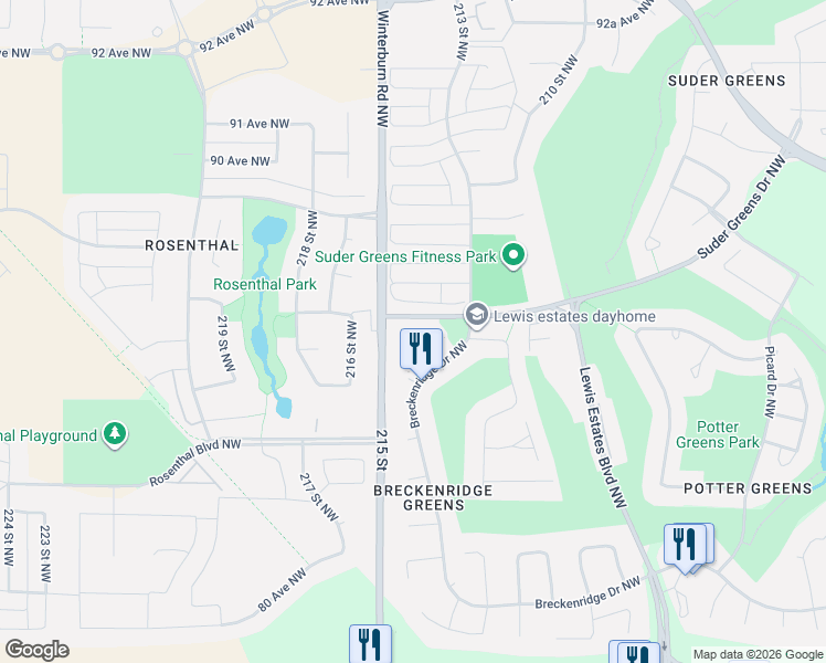 map of restaurants, bars, coffee shops, grocery stores, and more near 1530 Breckenridge Close Northwest in Edmonton