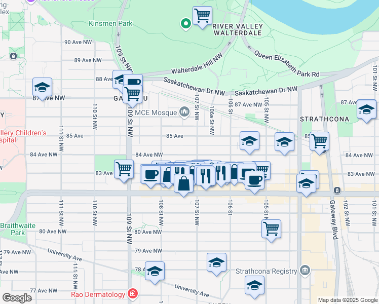 map of restaurants, bars, coffee shops, grocery stores, and more near 10710 84 Avenue Northwest in Edmonton