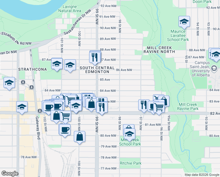 map of restaurants, bars, coffee shops, grocery stores, and more near 9822 84 Avenue Northwest in Edmonton