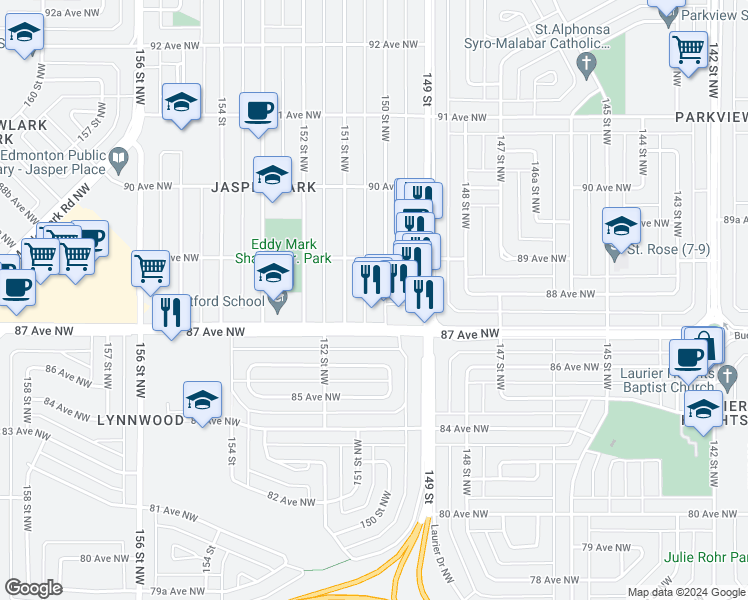 map of restaurants, bars, coffee shops, grocery stores, and more near 8718 150 Street Northwest in Edmonton