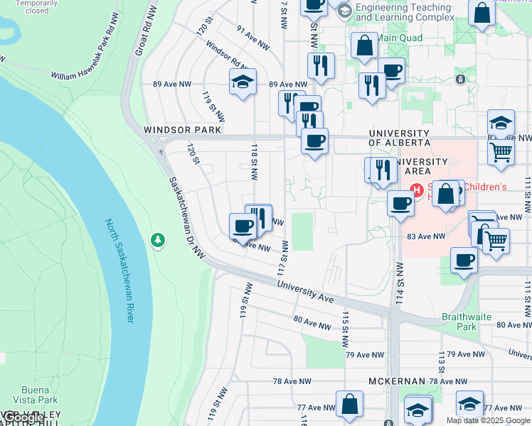 map of restaurants, bars, coffee shops, grocery stores, and more near 8403 84 Avenue Northwest in Edmonton