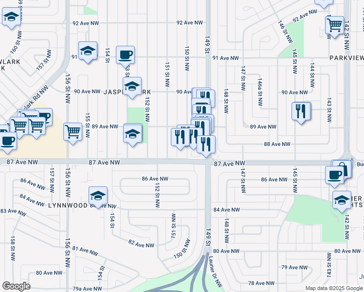 map of restaurants, bars, coffee shops, grocery stores, and more near 8718 150 Street Northwest in Edmonton