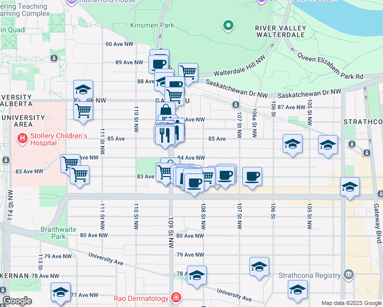 map of restaurants, bars, coffee shops, grocery stores, and more near 10818 84 Avenue Northwest in Edmonton