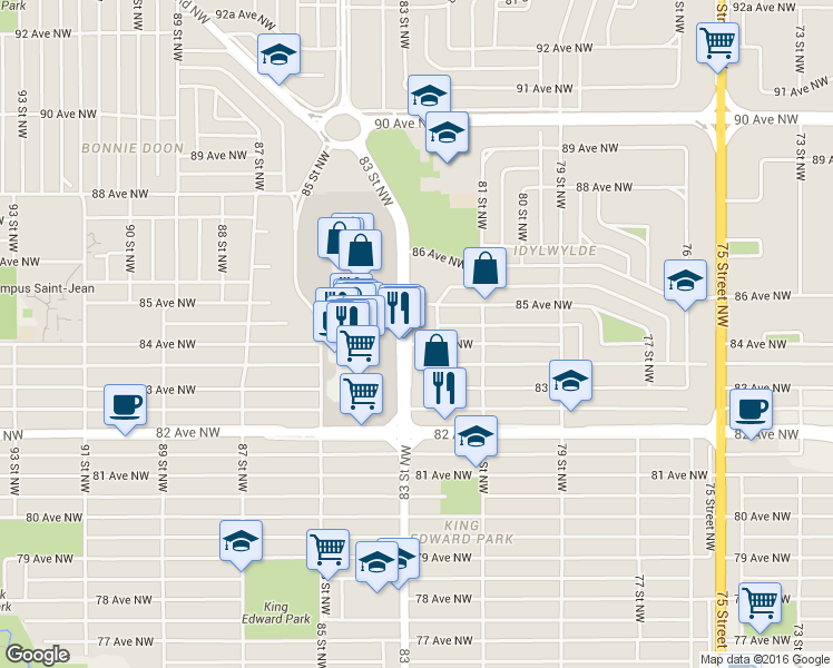 map of restaurants, bars, coffee shops, grocery stores, and more near 8405 83 Street Northwest in Edmonton
