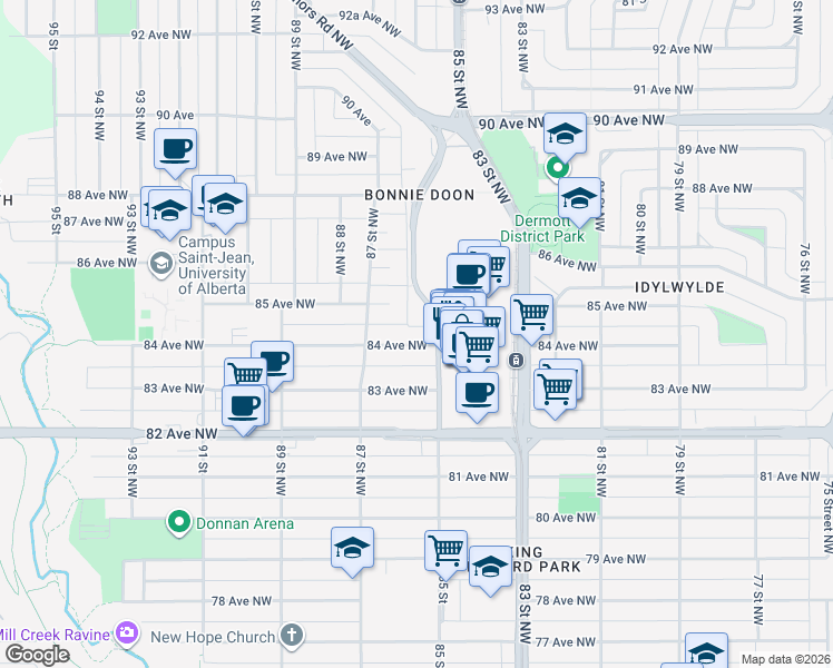 map of restaurants, bars, coffee shops, grocery stores, and more near 8505 84 Avenue Northwest in Edmonton
