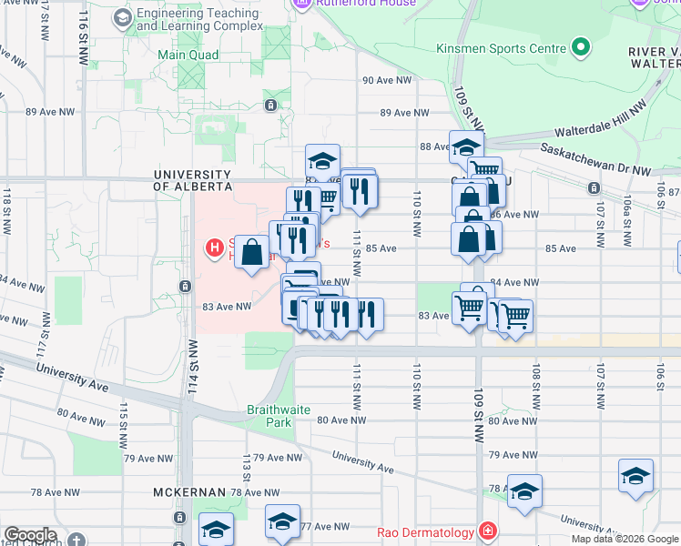 map of restaurants, bars, coffee shops, grocery stores, and more near 11109 84 Avenue Northwest in Edmonton