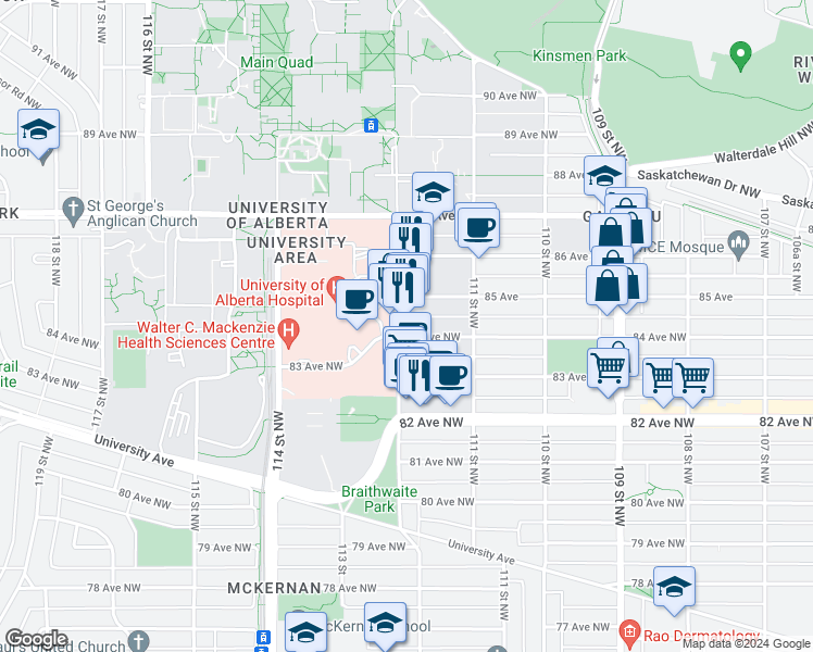 map of restaurants, bars, coffee shops, grocery stores, and more near 11145 84 Avenue Northwest in Edmonton