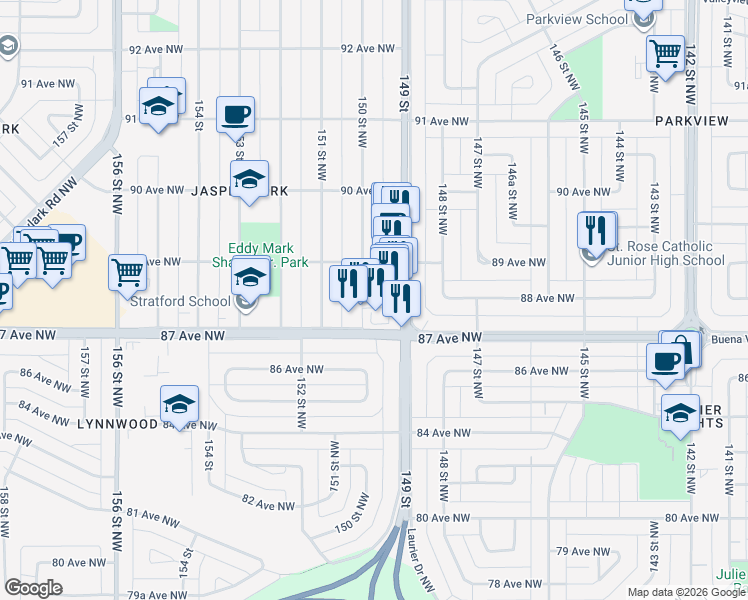 map of restaurants, bars, coffee shops, grocery stores, and more near 8718 150 Street Northwest in Edmonton
