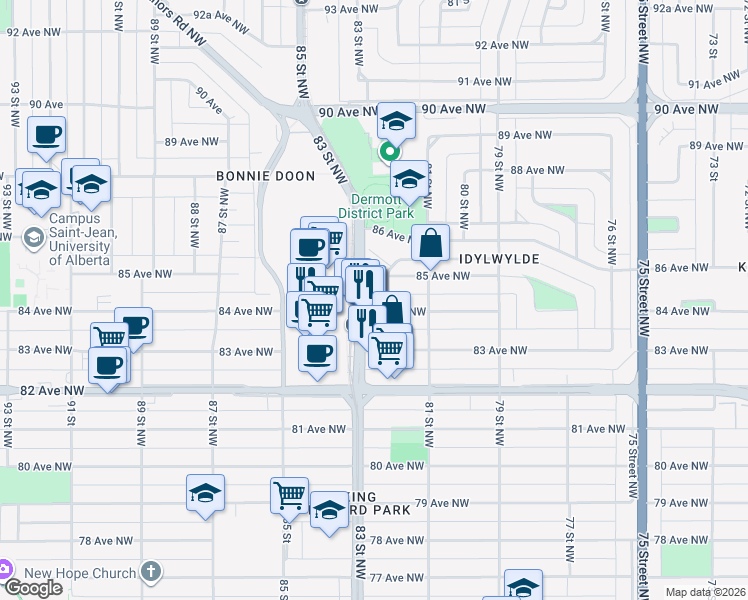 map of restaurants, bars, coffee shops, grocery stores, and more near 8405 83 Street Northwest in Edmonton