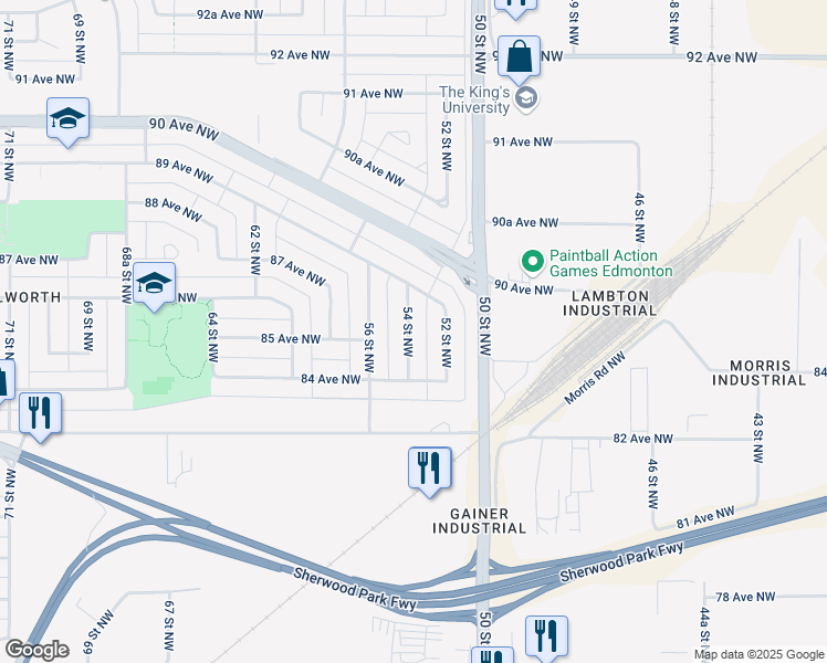 map of restaurants, bars, coffee shops, grocery stores, and more near 8419 54 Street Northwest in Edmonton