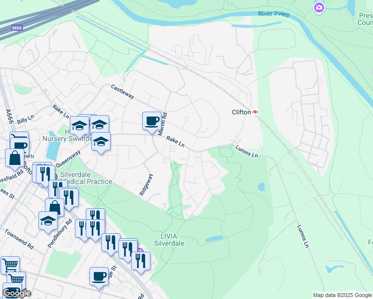 map of restaurants, bars, coffee shops, grocery stores, and more near Rake Lane in Clifton