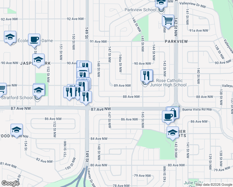 map of restaurants, bars, coffee shops, grocery stores, and more near 14639 88 Avenue Northwest in Edmonton
