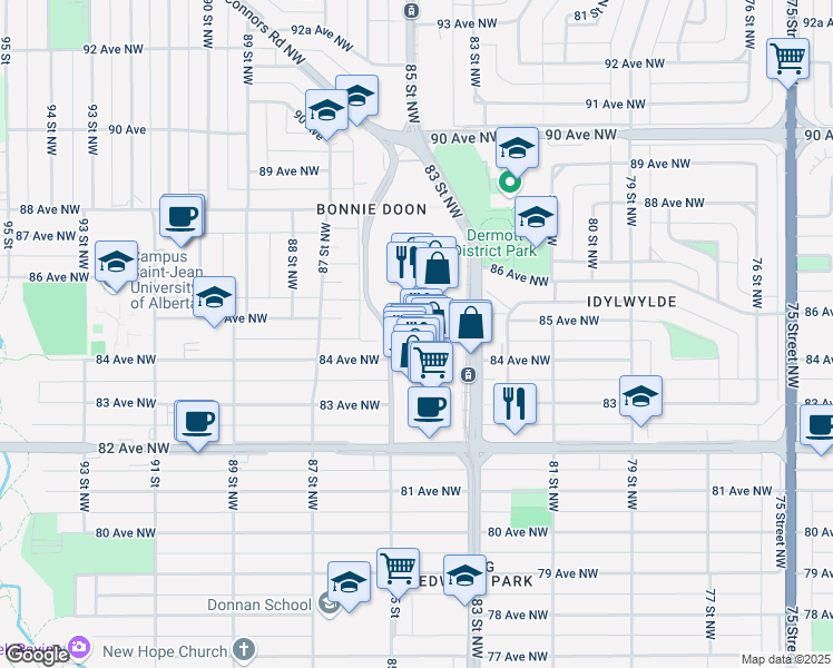 map of restaurants, bars, coffee shops, grocery stores, and more near 8330 82 Avenue Northwest in Edmonton