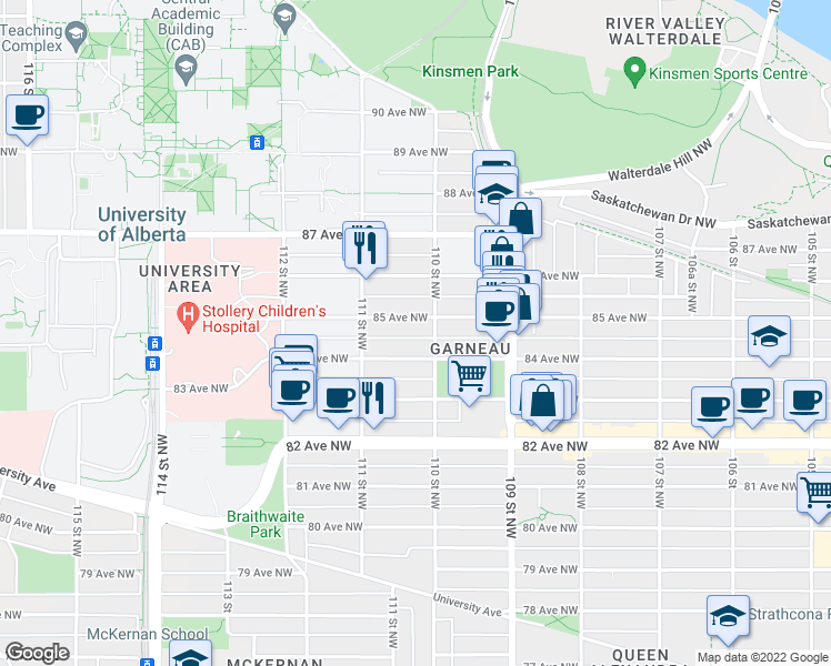 map of restaurants, bars, coffee shops, grocery stores, and more near 11015 85 Avenue Northwest in Edmonton