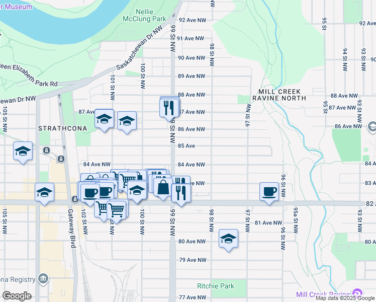 map of restaurants, bars, coffee shops, grocery stores, and more near 9854 84 Avenue Northwest in Edmonton