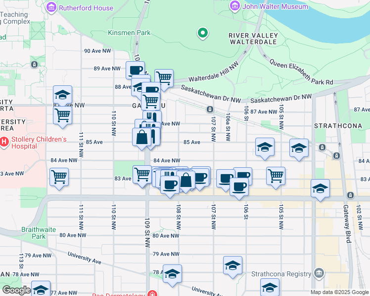 map of restaurants, bars, coffee shops, grocery stores, and more near 10801 84 Avenue Northwest in Edmonton