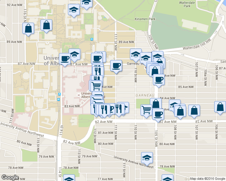 map of restaurants, bars, coffee shops, grocery stores, and more near 11109 84 Avenue Northwest in Edmonton