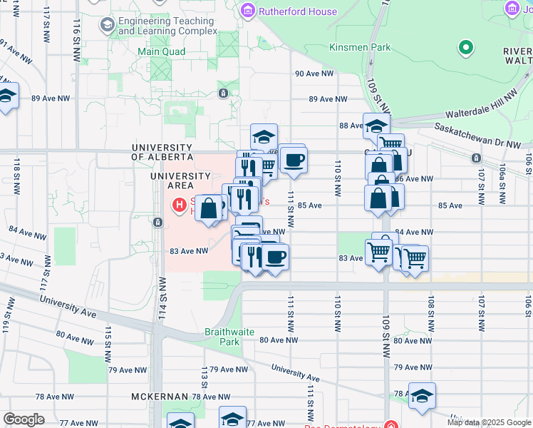map of restaurants, bars, coffee shops, grocery stores, and more near 11145 84 Avenue Northwest in Edmonton