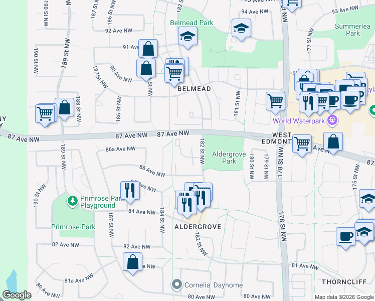 map of restaurants, bars, coffee shops, grocery stores, and more near 8630 182 Street Northwest in Edmonton