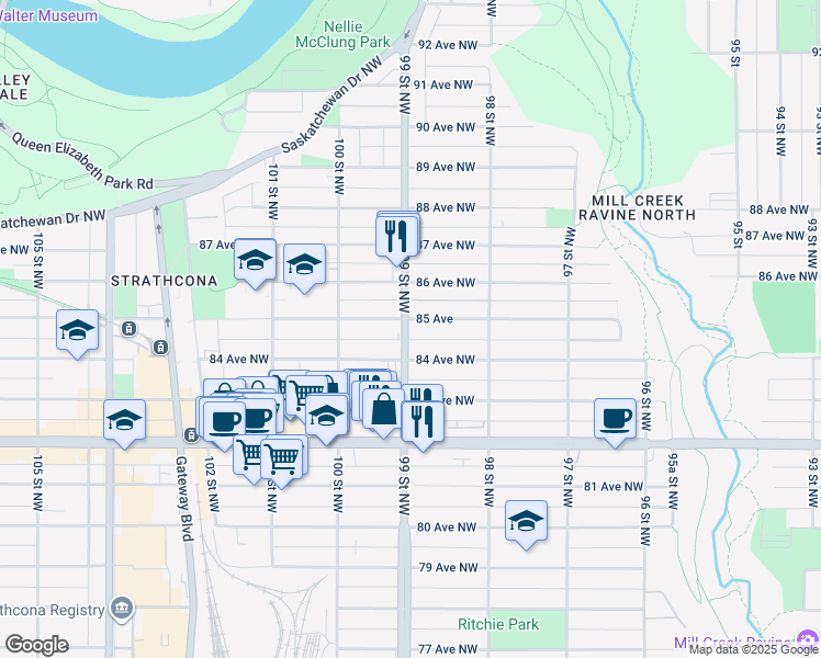 map of restaurants, bars, coffee shops, grocery stores, and more near 9854 84 Avenue Northwest in Edmonton