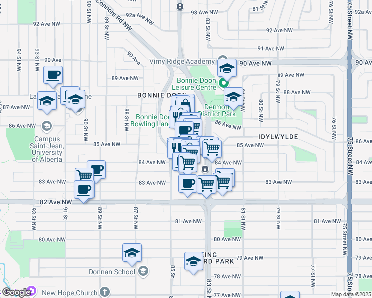 map of restaurants, bars, coffee shops, grocery stores, and more near 8330 82 Avenue Northwest in Edmonton
