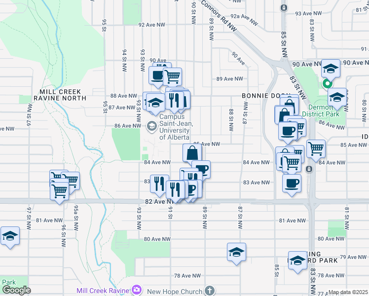 map of restaurants, bars, coffee shops, grocery stores, and more near 8518 90 Street Northwest in Edmonton