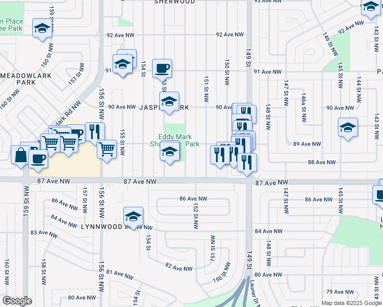 map of restaurants, bars, coffee shops, grocery stores, and more near 8901 152 Street Northwest in Edmonton