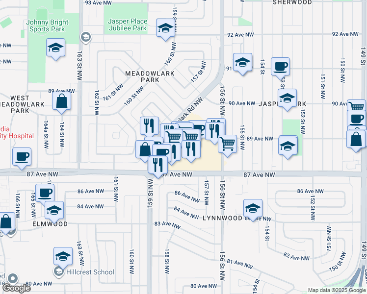 map of restaurants, bars, coffee shops, grocery stores, and more near 144 Meadowlark Road Northwest in Edmonton