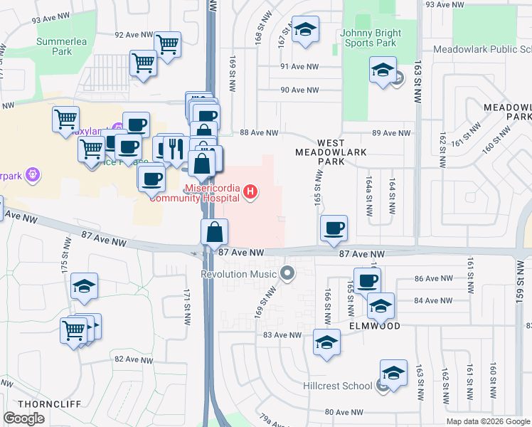 map of restaurants, bars, coffee shops, grocery stores, and more near 16940 87 Avenue Northwest in Edmonton