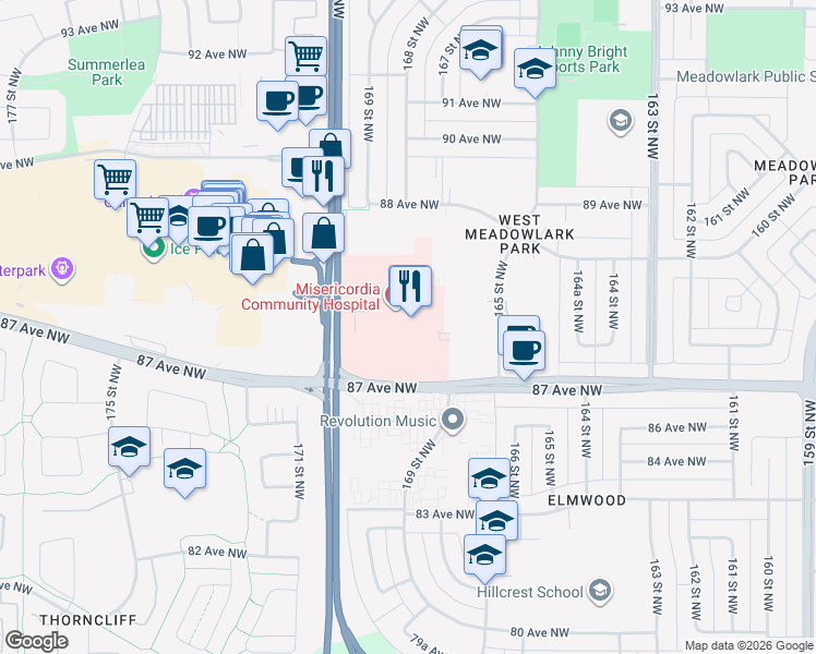 map of restaurants, bars, coffee shops, grocery stores, and more near 16940 87 Avenue Northwest in Edmonton