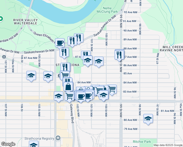 map of restaurants, bars, coffee shops, grocery stores, and more near 101 St NW & 85 Ave NW in Edmonton