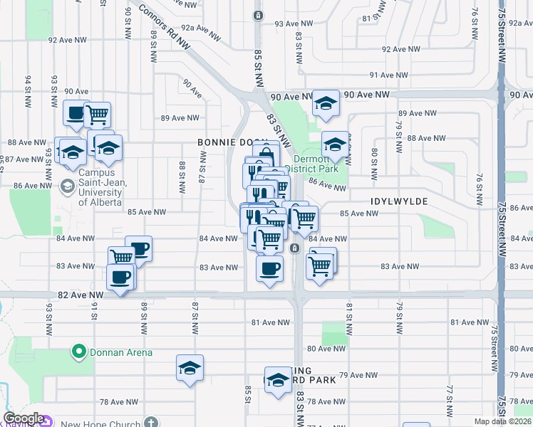 map of restaurants, bars, coffee shops, grocery stores, and more near 8330 82 Avenue Northwest in Edmonton