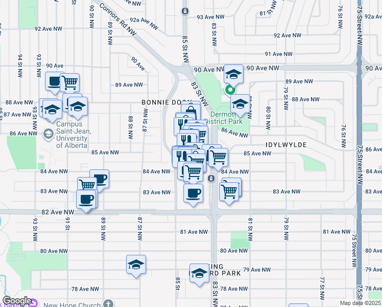 map of restaurants, bars, coffee shops, grocery stores, and more near 8330 82 Avenue Northwest in Edmonton
