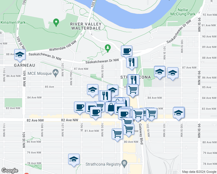 map of restaurants, bars, coffee shops, grocery stores, and more near 85 Avenue Northwest in Edmonton