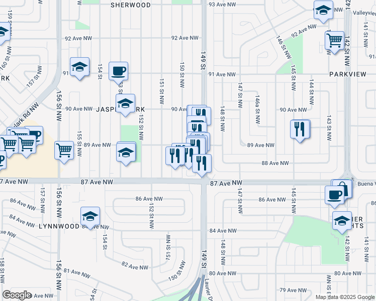map of restaurants, bars, coffee shops, grocery stores, and more near 8904 150 Street Northwest in Edmonton