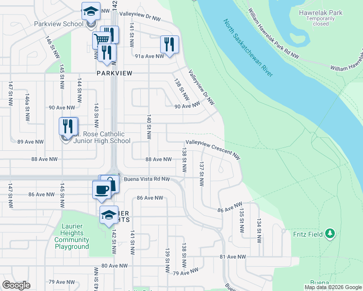 map of restaurants, bars, coffee shops, grocery stores, and more near 44 Valleyview Crescent Northwest in Edmonton