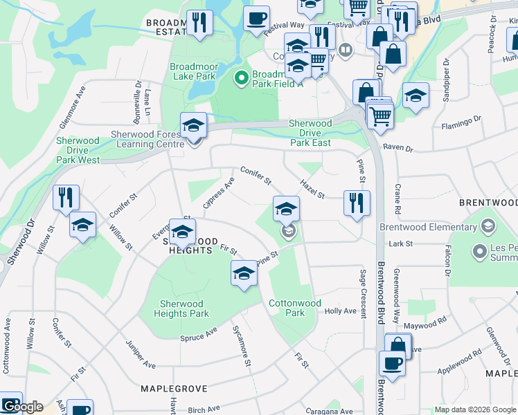 map of restaurants, bars, coffee shops, grocery stores, and more near 12 Elm Court in Sherwood Park
