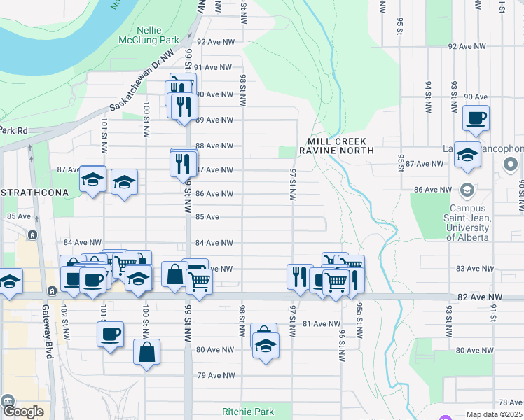 map of restaurants, bars, coffee shops, grocery stores, and more near 9725 86 Avenue Northwest in Edmonton